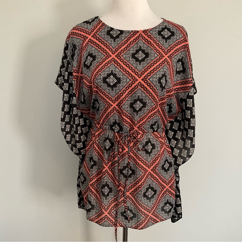 George Women’s SMALL Geometric Print Drawstring Tie Waist Kaftan Style Top